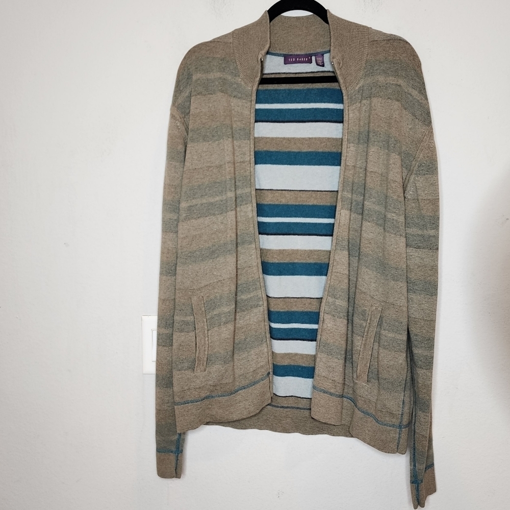 Ted Baker Wool- Blend green tan stripe zip sweater cardigan.  Size 5. XL.